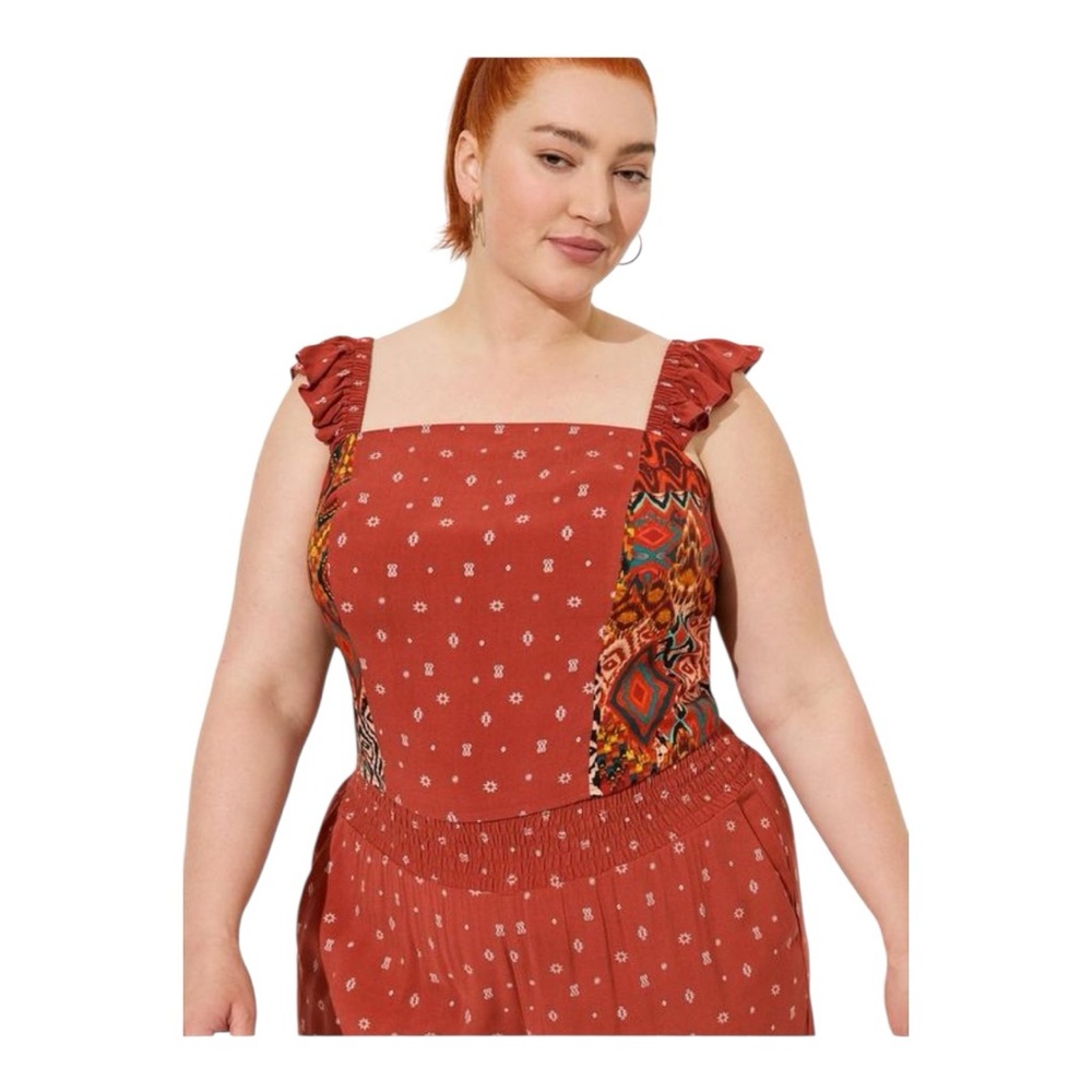 Torrid Challis Smocked Ruffle Trim Crop with Pull On Wide Leg Smocked Waist pant - Picture 2 of 6